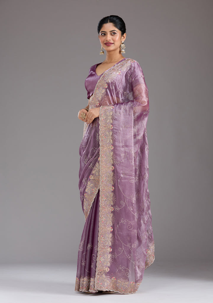 Lavender Stonework (Gold) Organza Saree