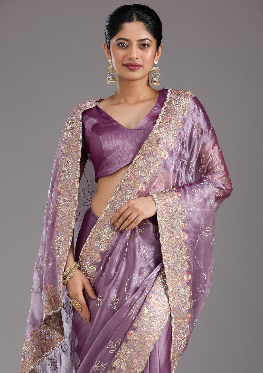 Lavender Stonework (Gold) Organza Saree