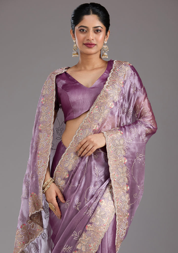 Lavender Stonework (Gold) Organza Saree