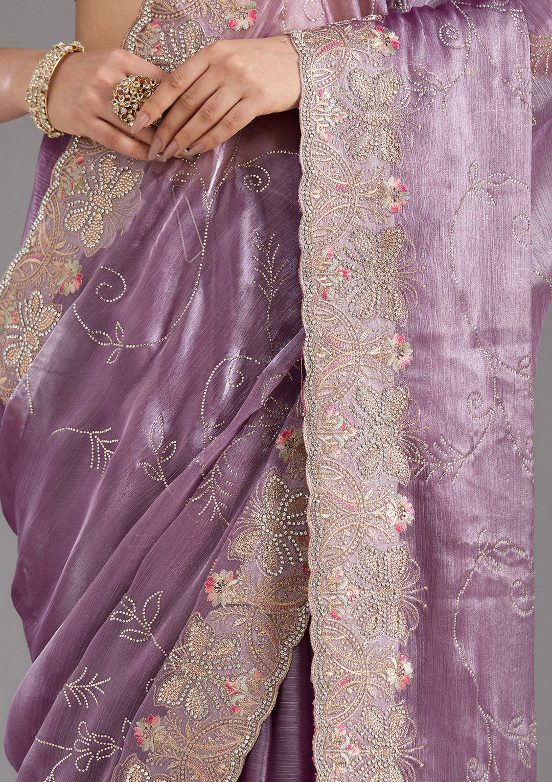 Lavender Stonework (Gold) Organza Saree