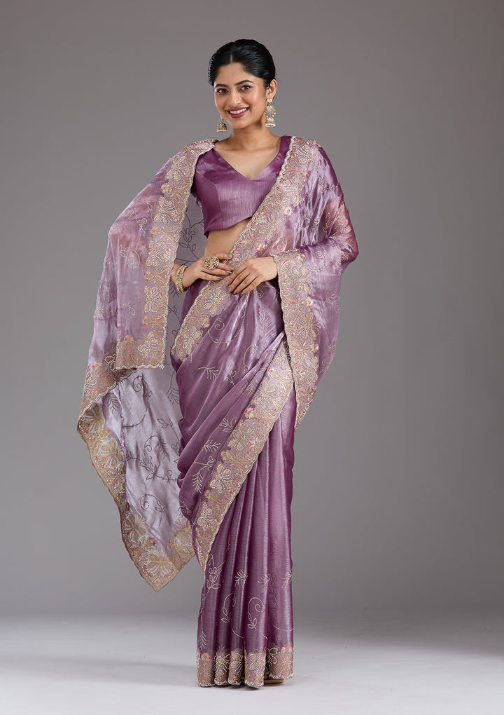 Lavender Stonework (Gold) Organza Saree