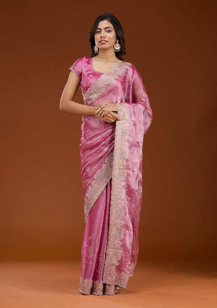Pink Stonework (Gold) Organza Saree