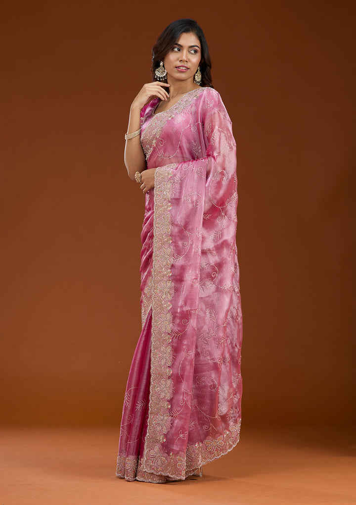 Pink Stonework (Gold) Organza Saree