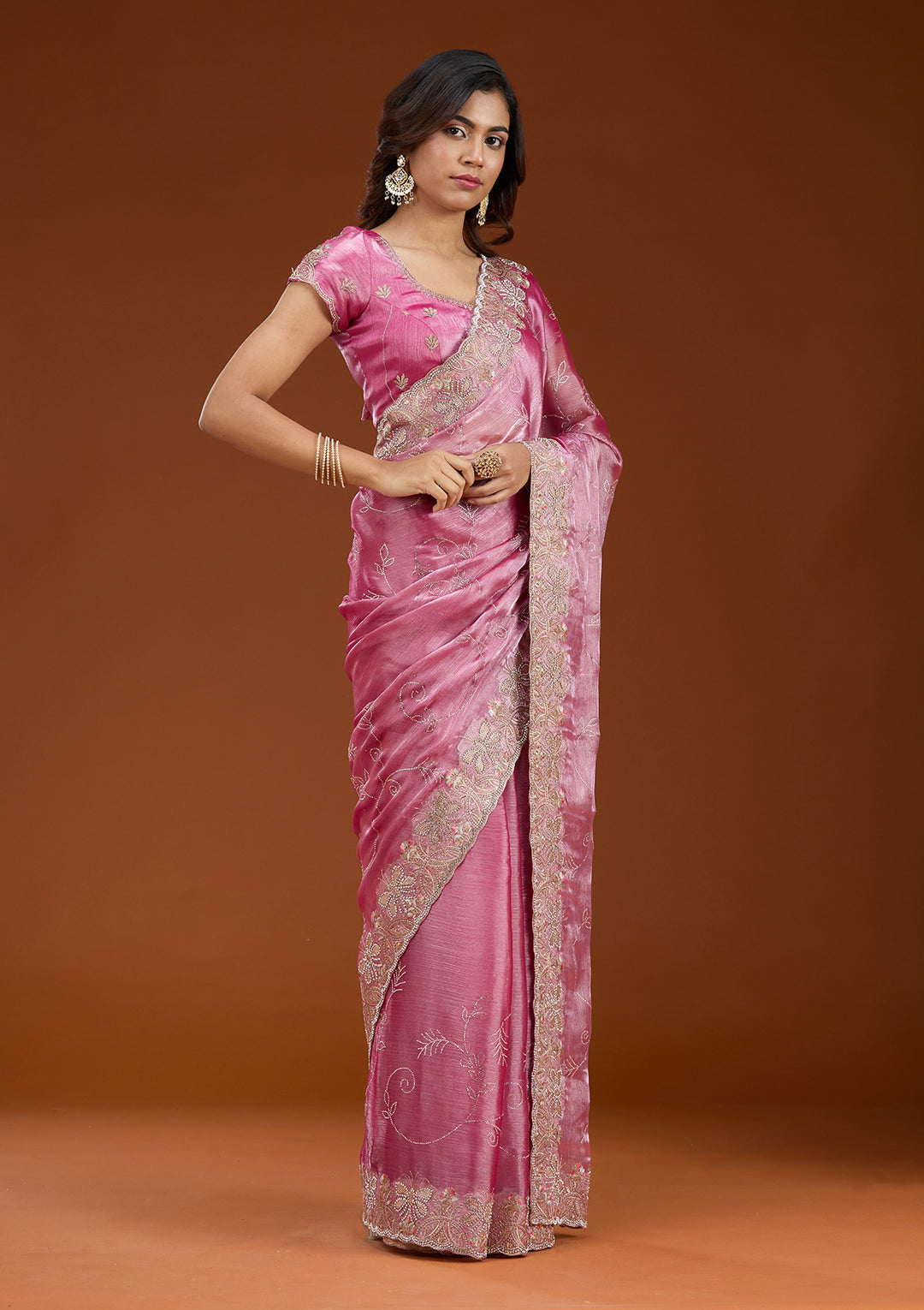 Pink Stonework (Gold) Organza Saree