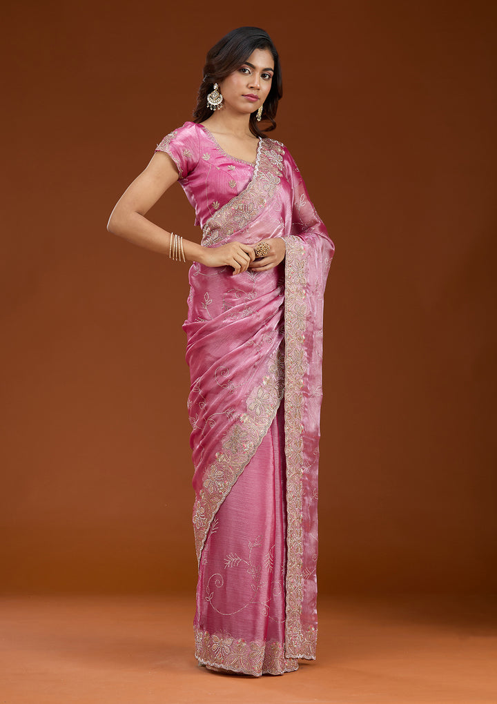 Pink Stonework (Gold) Organza Saree