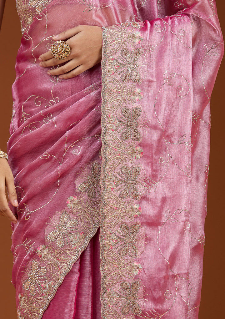 Pink Stonework (Gold) Organza Saree