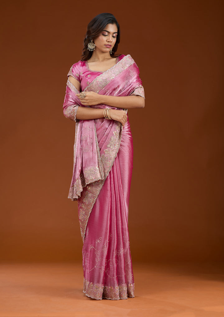 Pink Stonework (Gold) Organza Saree