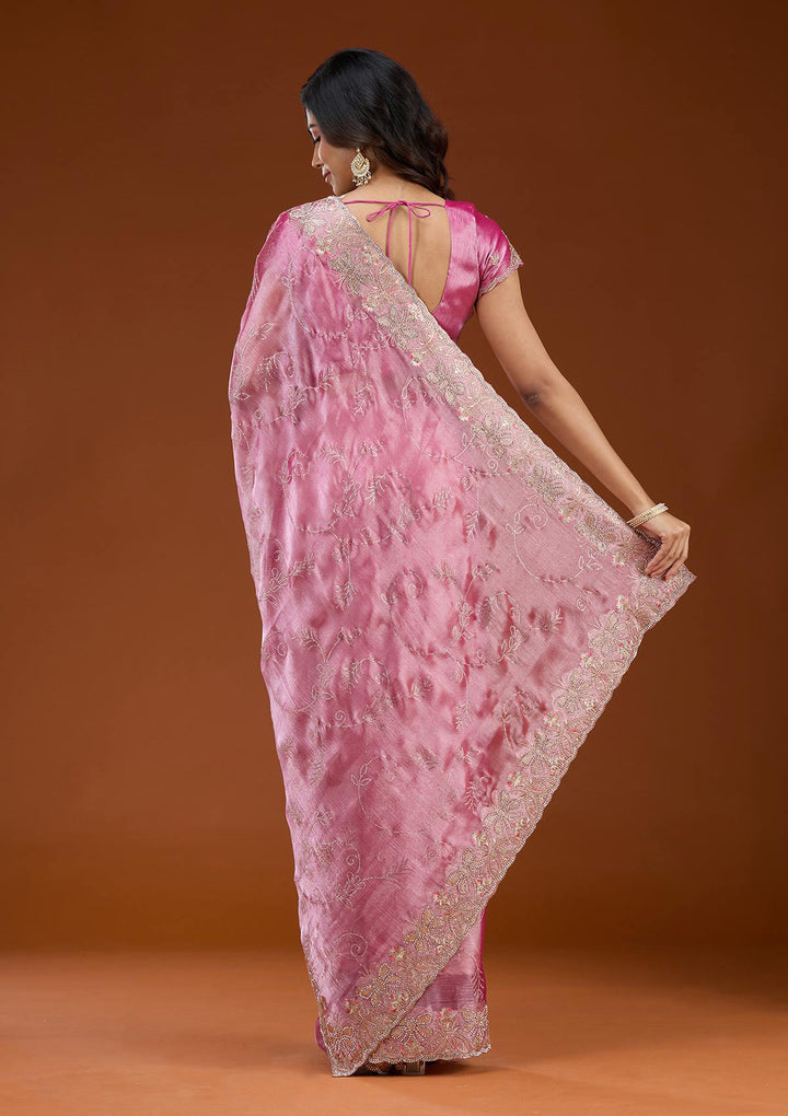 Pink Stonework (Gold) Organza Saree