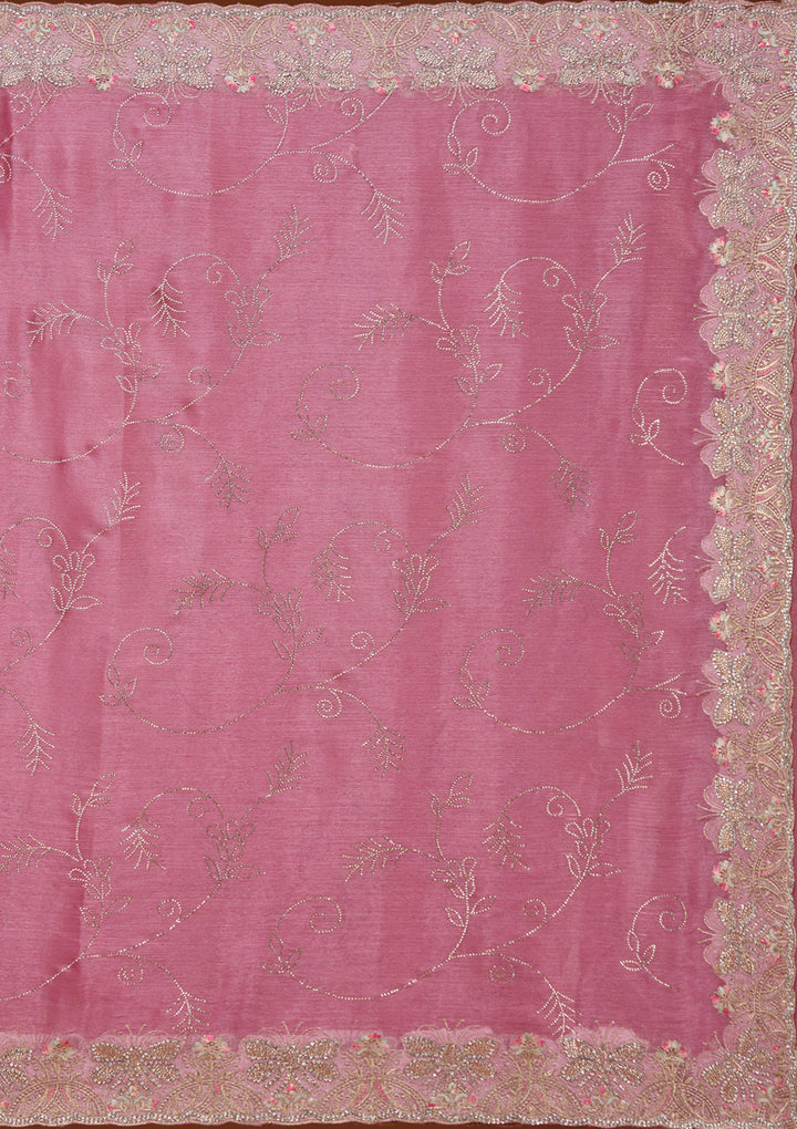 Pink Stonework (Gold) Organza Saree