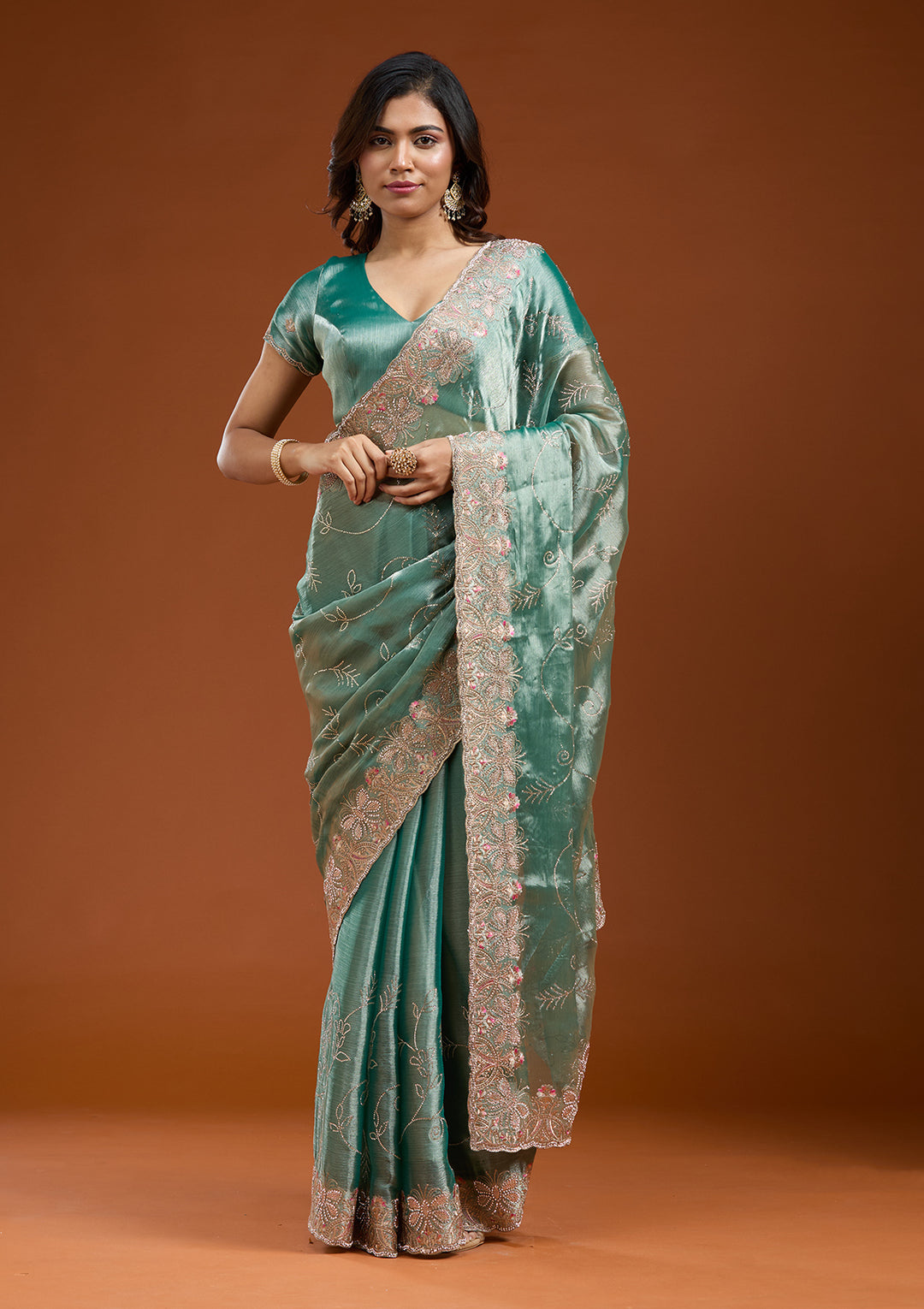 Sea Green Stonework (Gold) Organza Saree