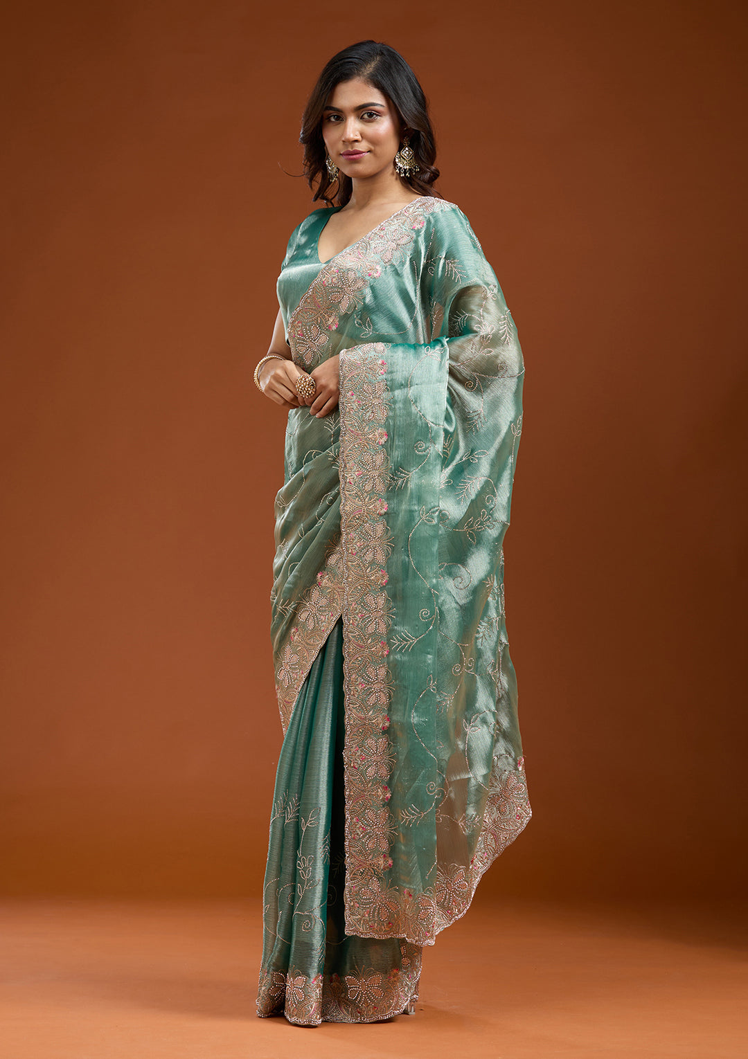 Sea Green Stonework (Gold) Organza Saree