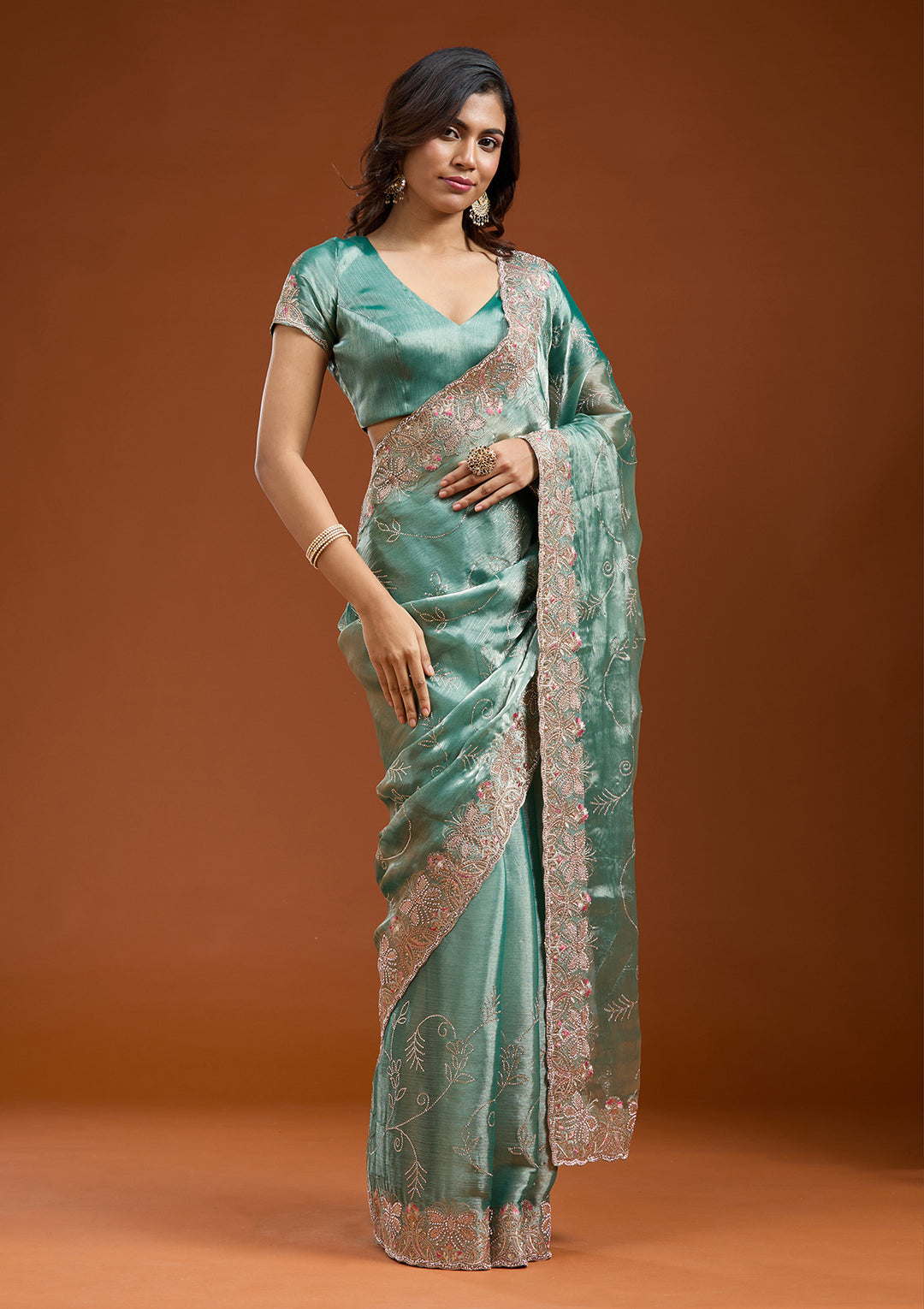 Sea Green Stonework (Gold) Organza Saree