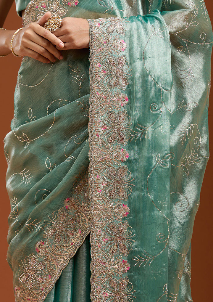 Sea Green Stonework (Gold) Organza Saree