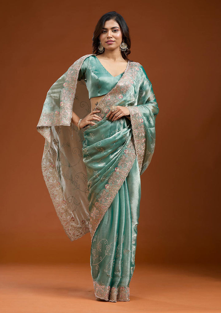 Sea Green Stonework (Gold) Organza Saree
