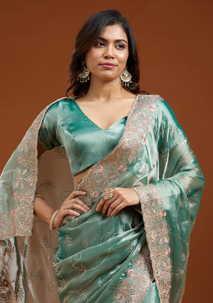 Sea Green Stonework (Gold) Organza Saree