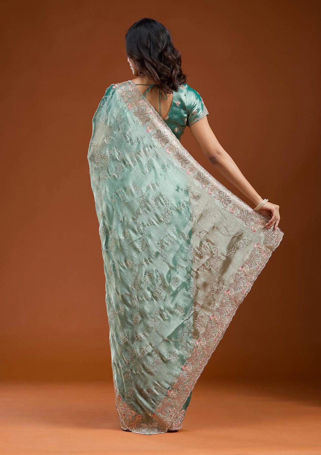Sea Green Stonework (Gold) Organza Saree