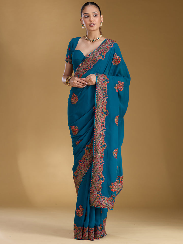Peacock Blue Kashmiri Georgette Saree