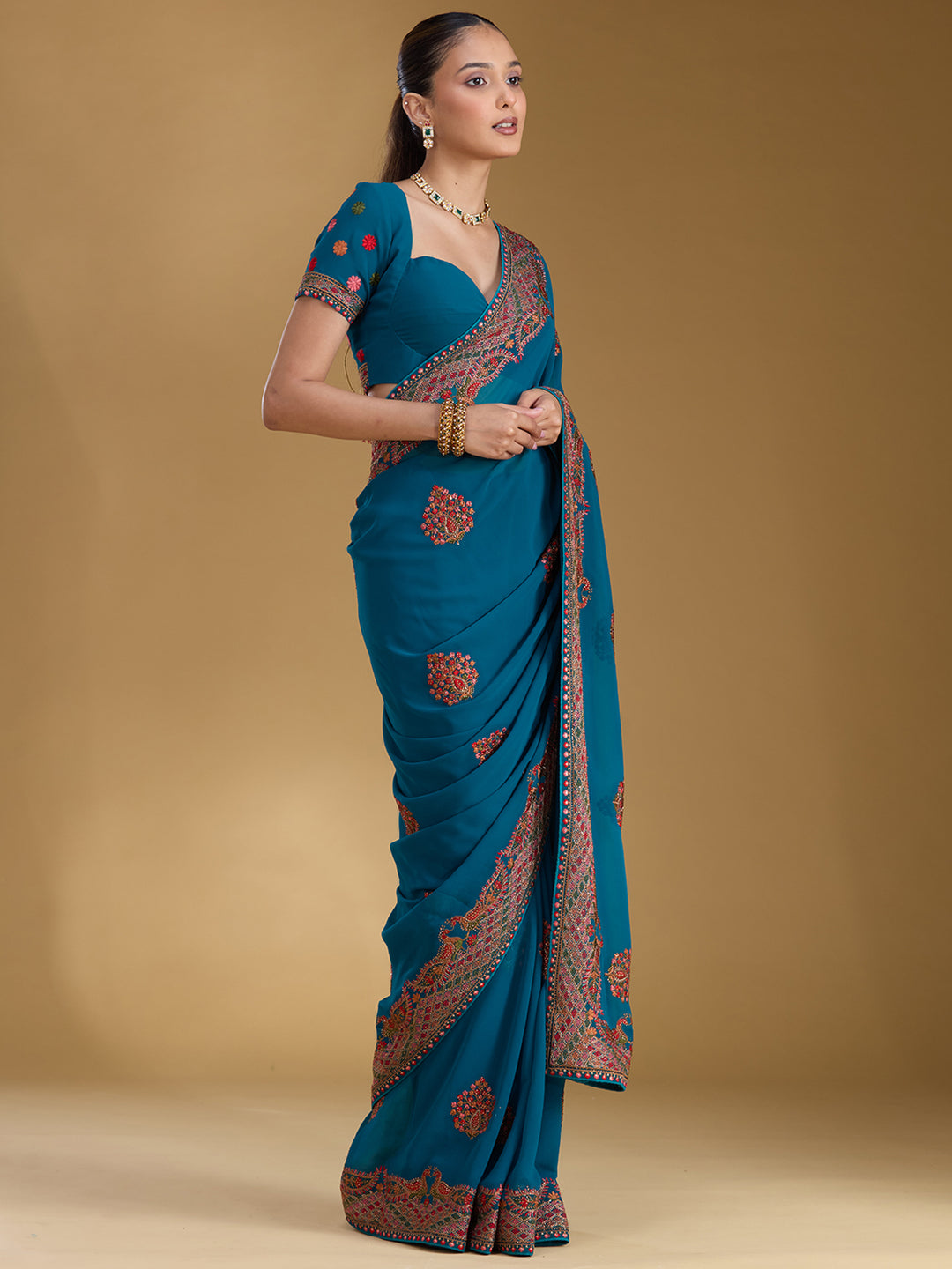 Peacock Blue Kashmiri Georgette Saree