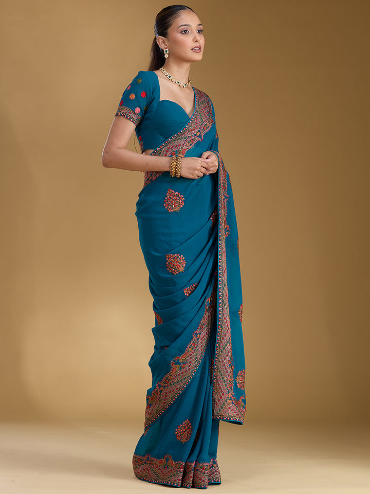 Peacock Blue Kashmiri Georgette Saree