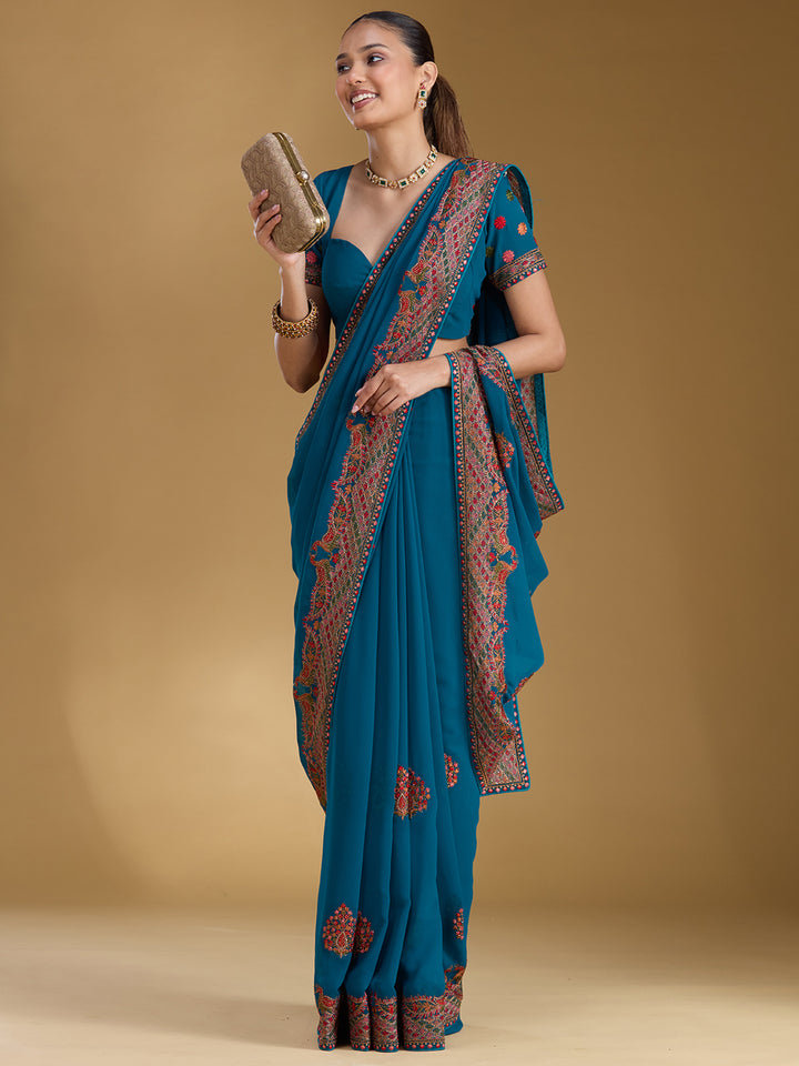 Peacock Blue Kashmiri Georgette Saree