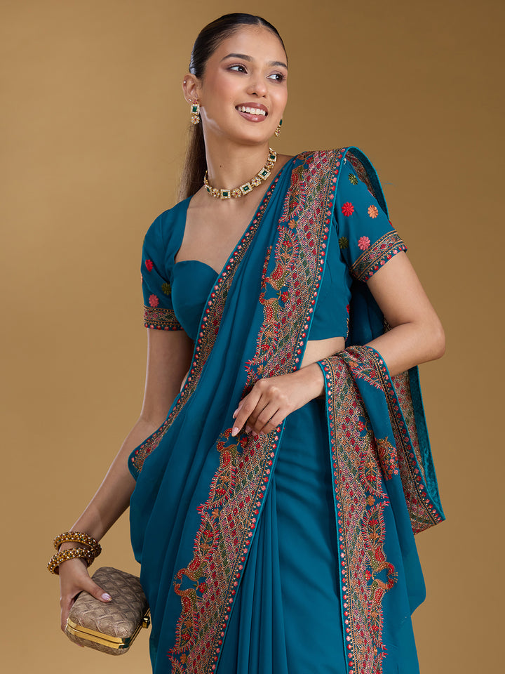 Peacock Blue Kashmiri Georgette Saree