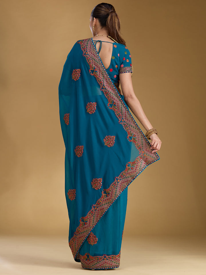 Peacock Blue Kashmiri Georgette Saree