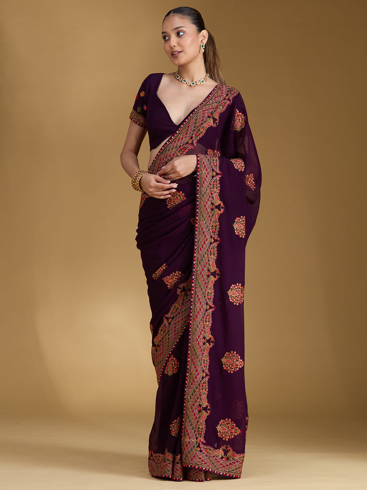 Purple Kashmiri Georgette Saree