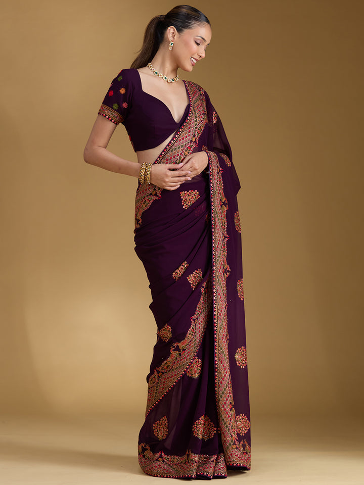 Purple Kashmiri Georgette Saree