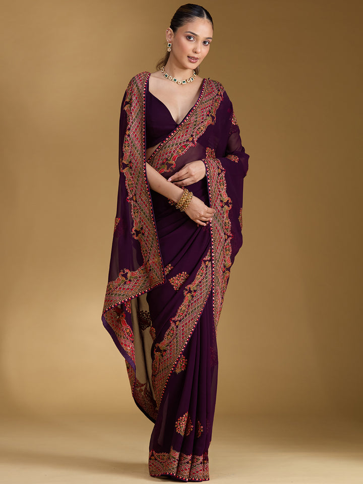 Purple Kashmiri Georgette Saree