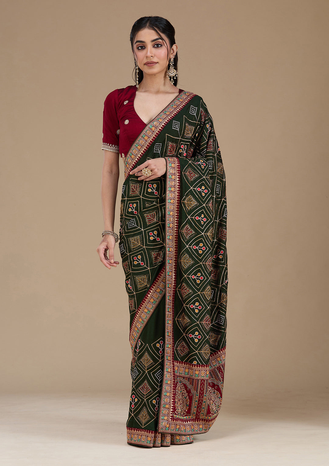 Mehendi Threadwork Soft Raw Silk Saree