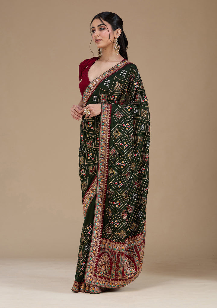 Mehendi Threadwork Soft Raw Silk Saree