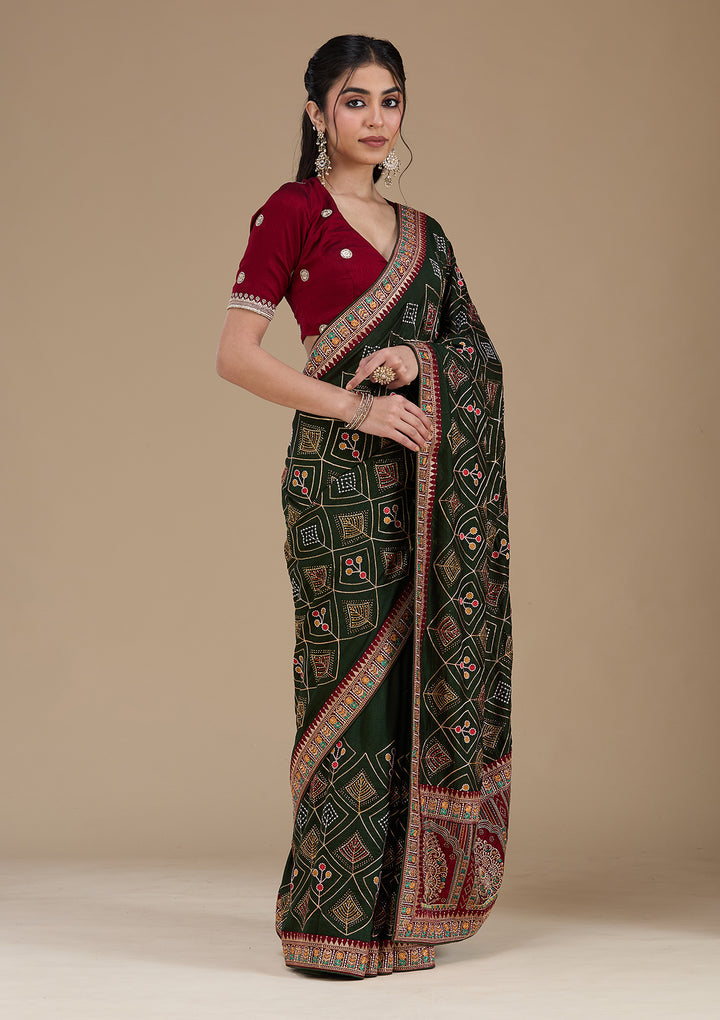 Mehendi Threadwork Soft Raw Silk Saree
