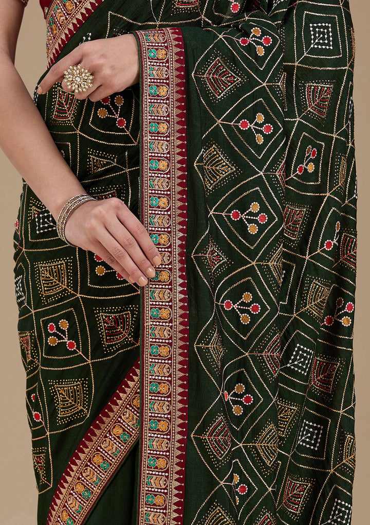 Mehendi Threadwork Soft Raw Silk Saree