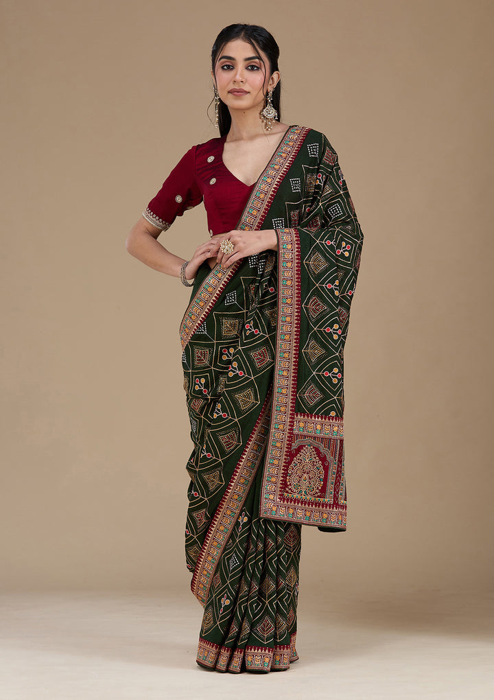 Mehendi Threadwork Soft Raw Silk Saree