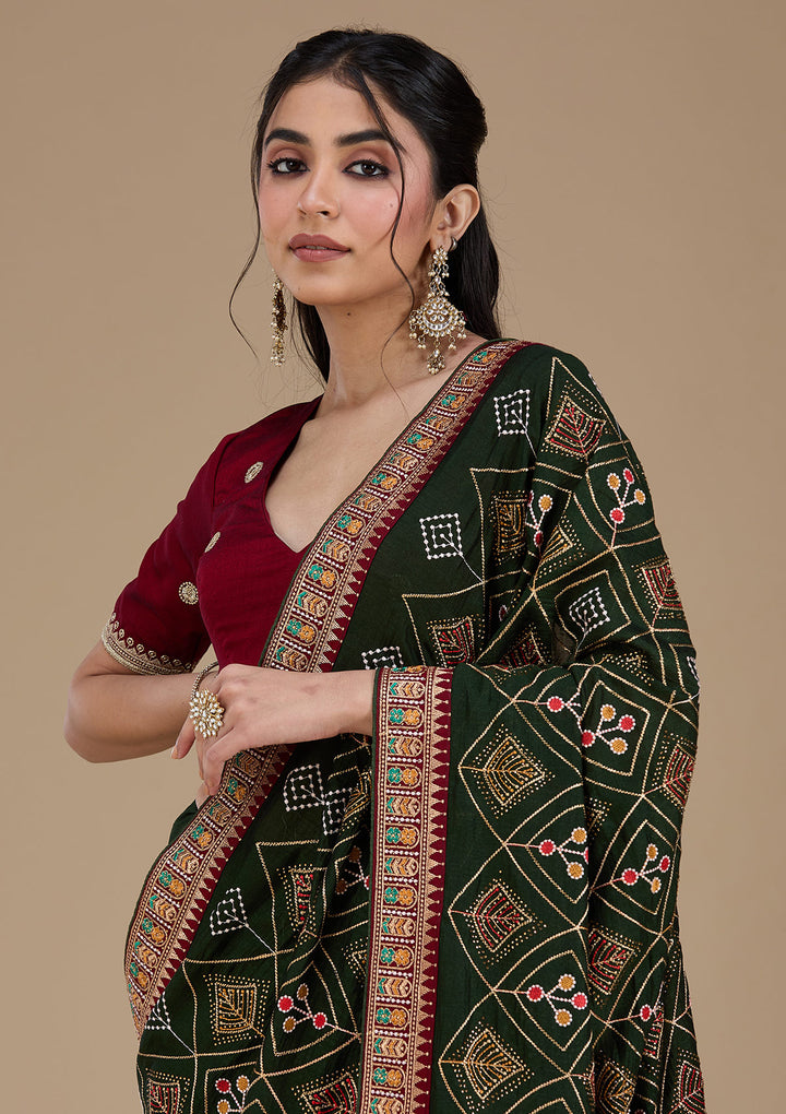 Mehendi Threadwork Soft Raw Silk Saree