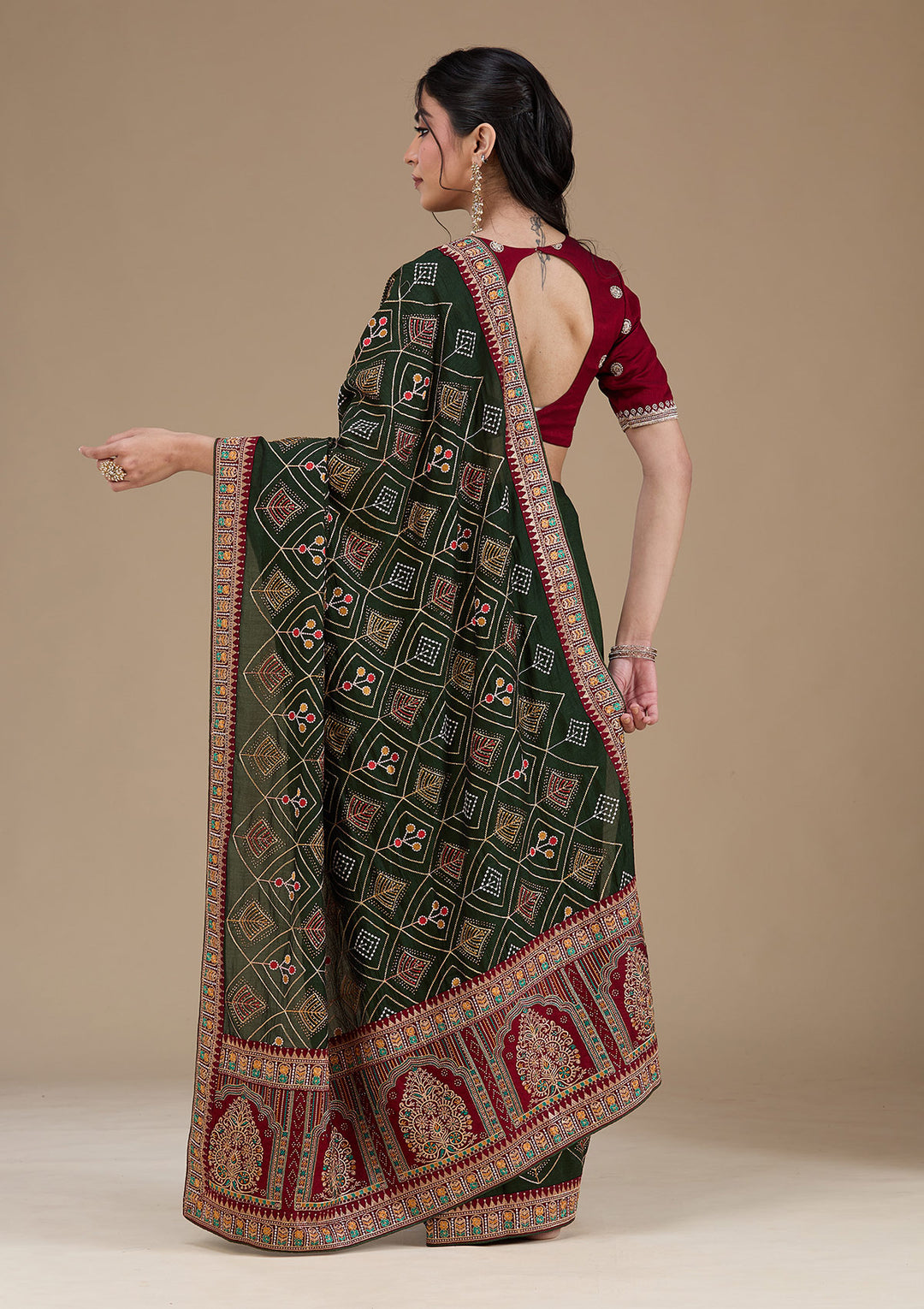 Mehendi Threadwork Soft Raw Silk Saree