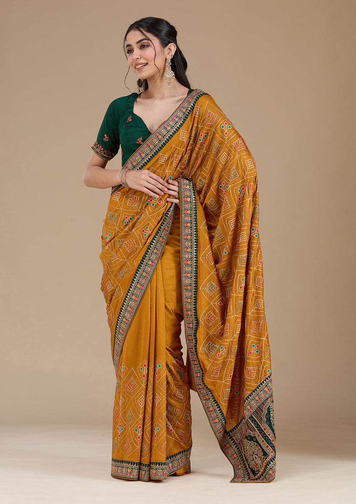 Mustard Threadwork Soft Raw Silk Saree