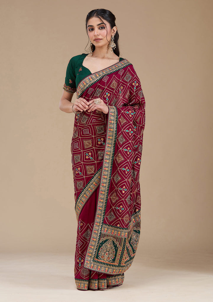 Wine Threadwork Soft Raw Silk Saree
