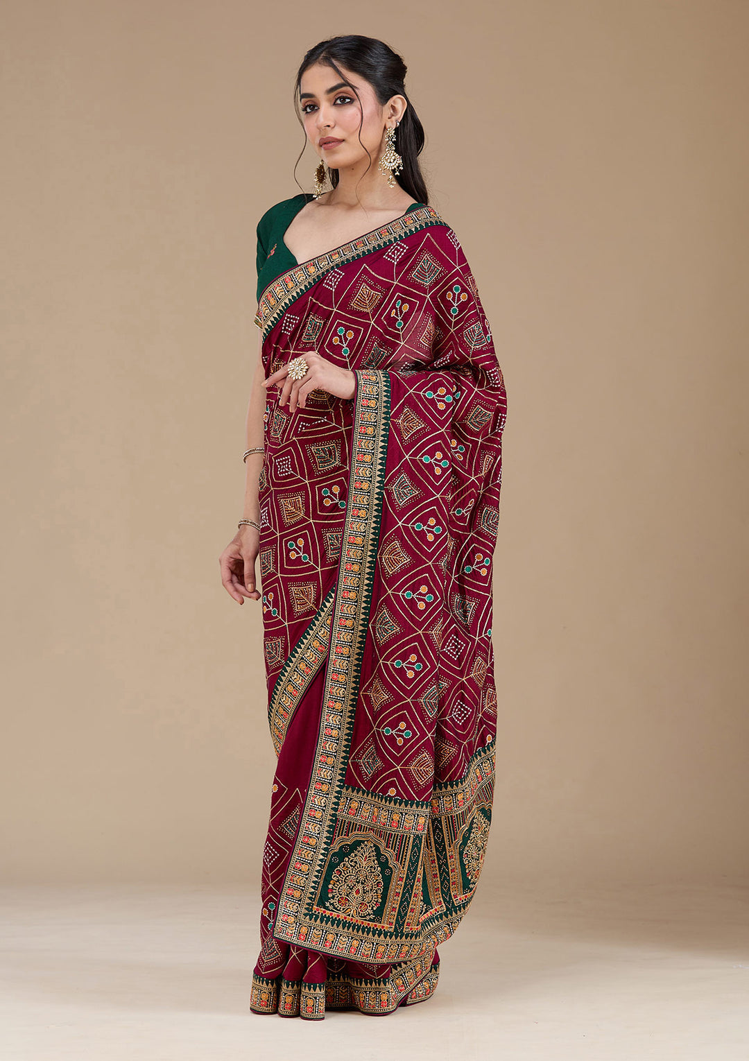 Wine Threadwork Soft Raw Silk Saree