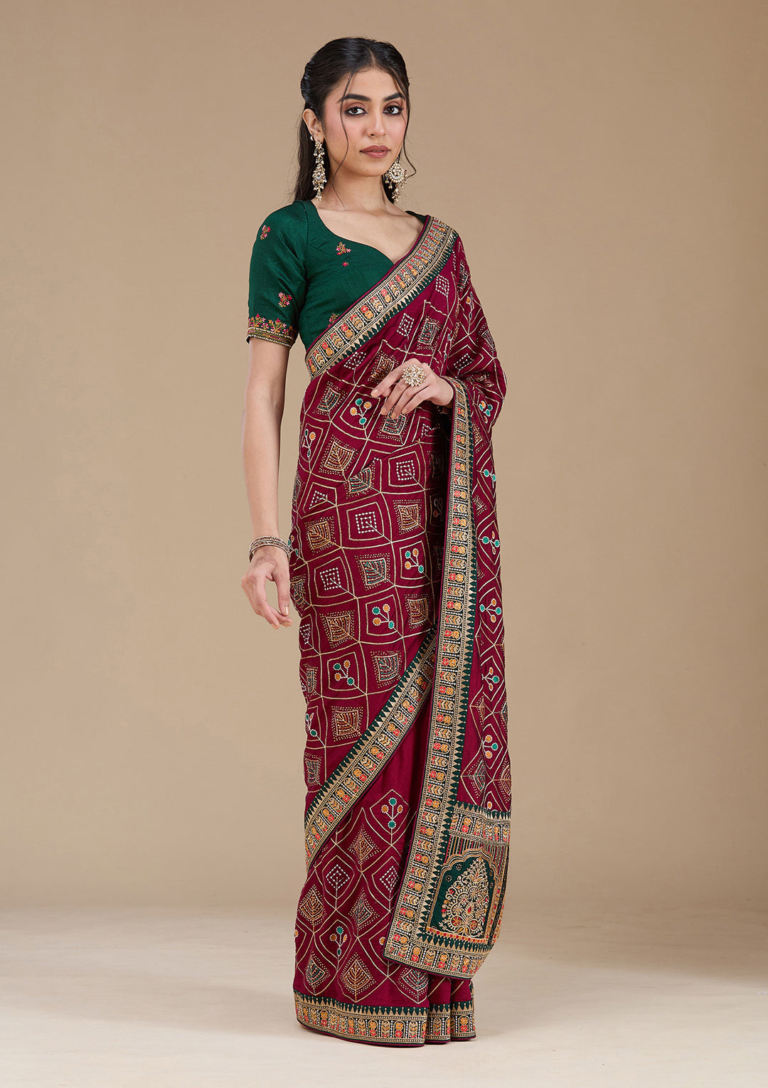 Wine Threadwork Soft Raw Silk Saree