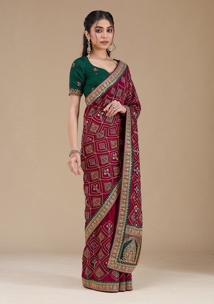 Wine Threadwork Soft Raw Silk Saree