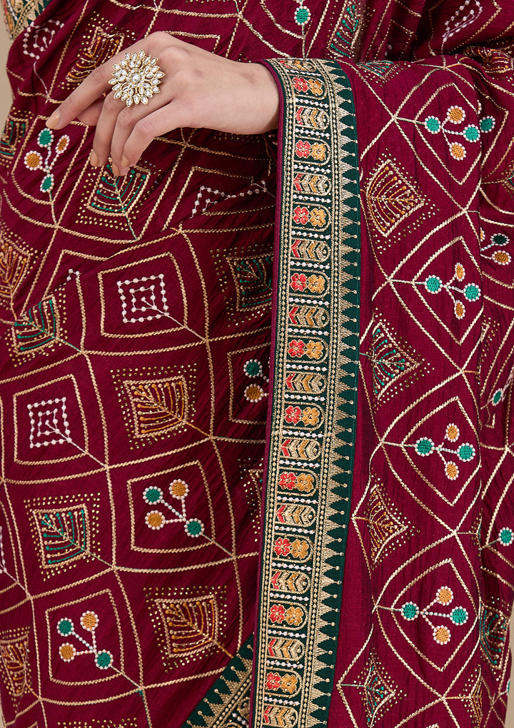 Wine Threadwork Soft Raw Silk Saree