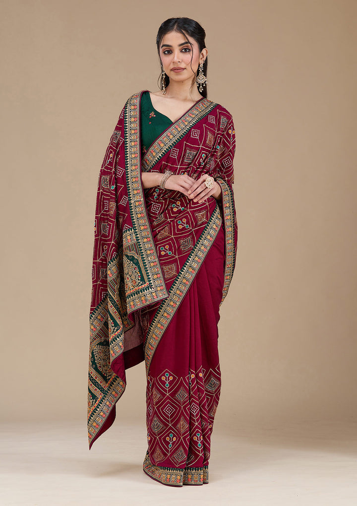 Wine Threadwork Soft Raw Silk Saree