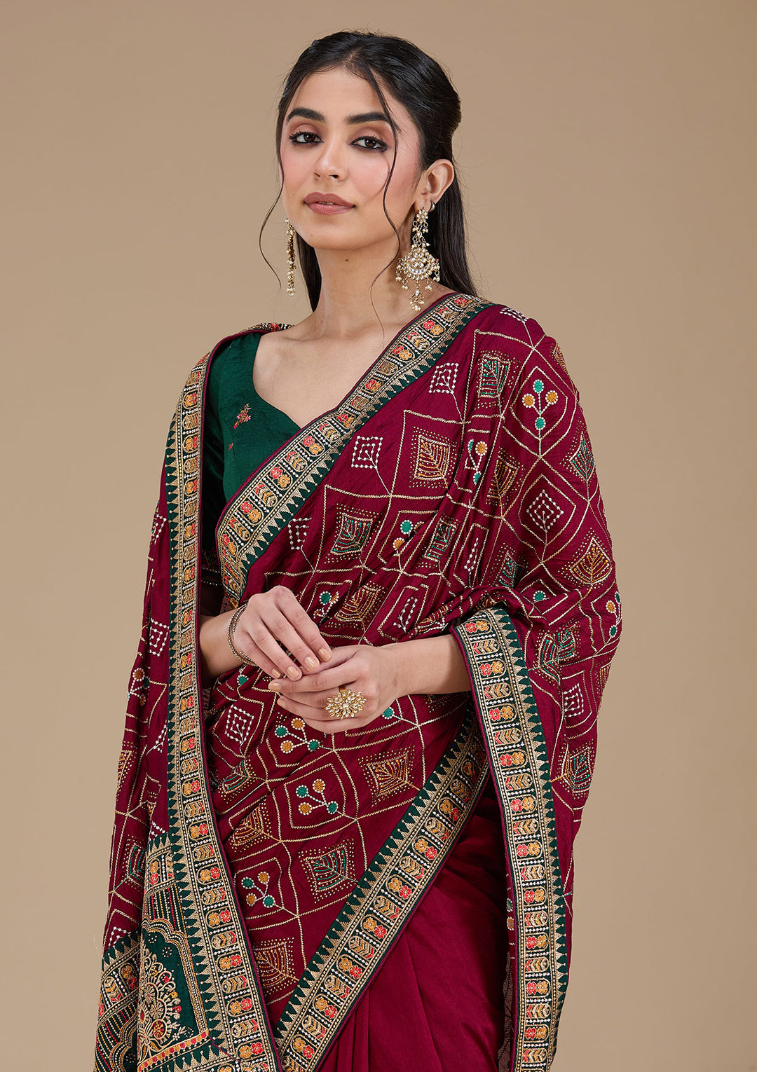 Wine Threadwork Soft Raw Silk Saree
