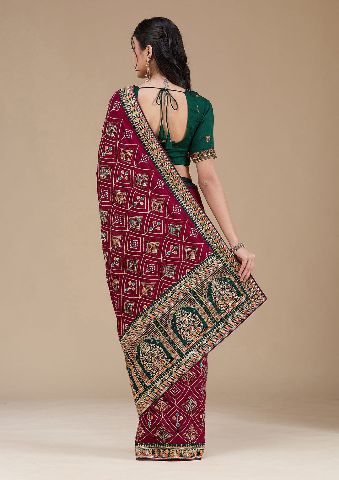 Wine Threadwork Soft Raw Silk Saree