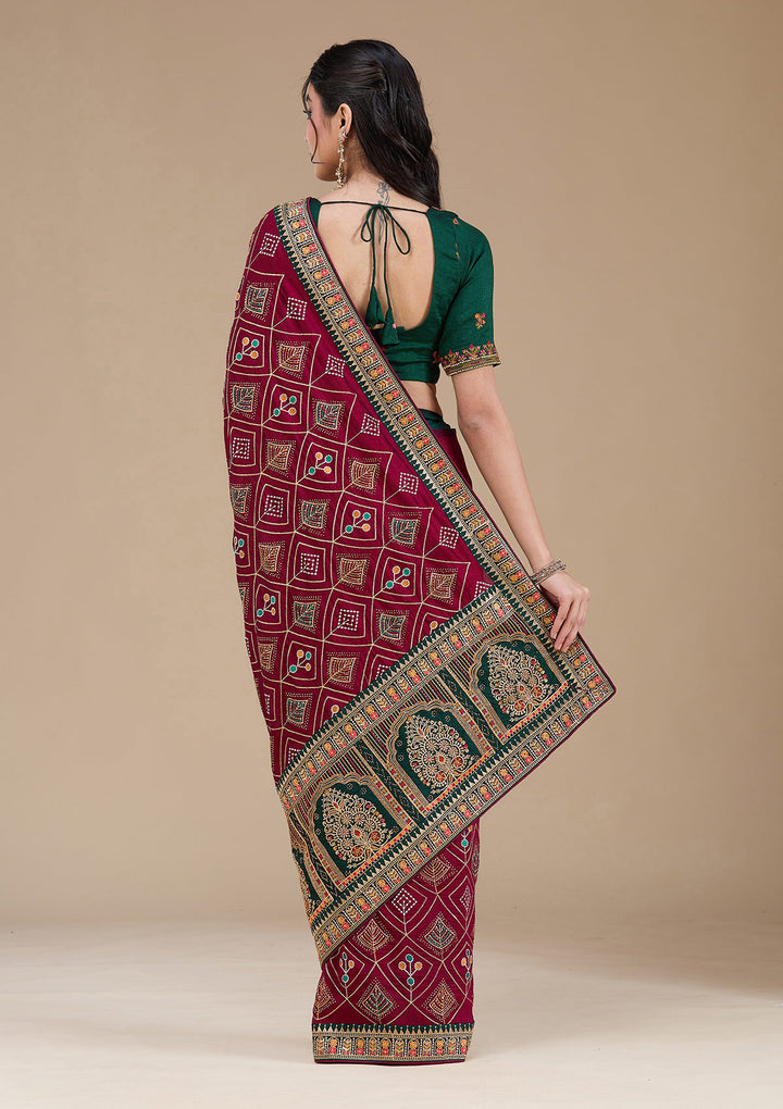 Wine Threadwork Soft Raw Silk Saree