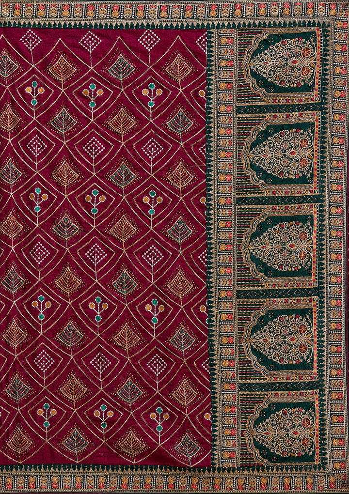 Wine Threadwork Soft Raw Silk Saree