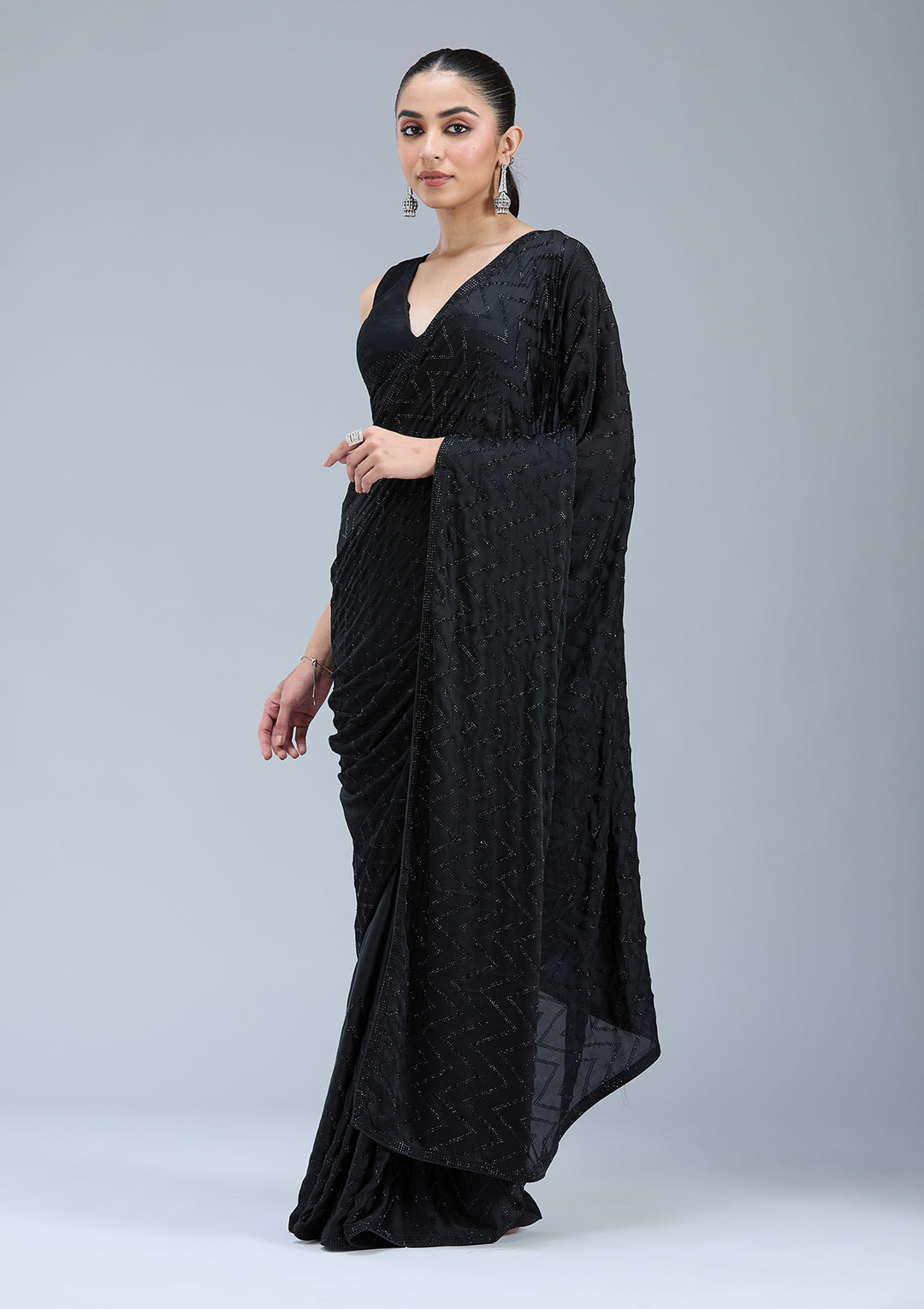 Black Stonework (Silver) Organza Saree
