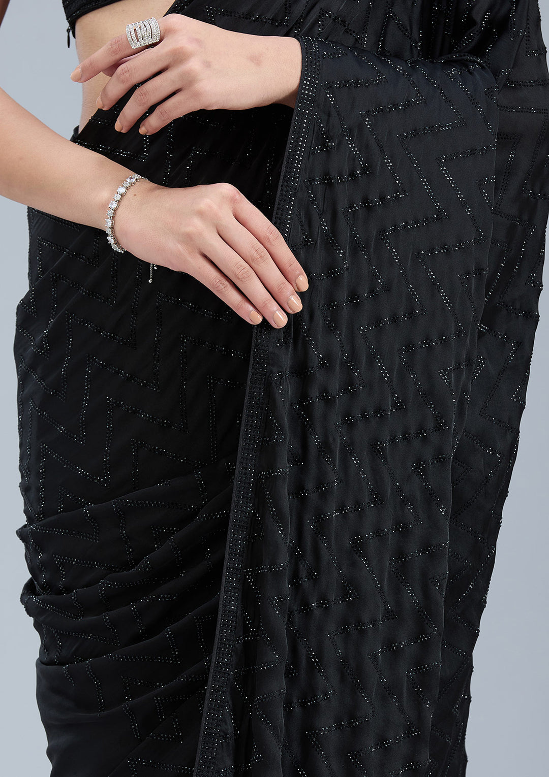 Black Stonework (Silver) Organza Saree