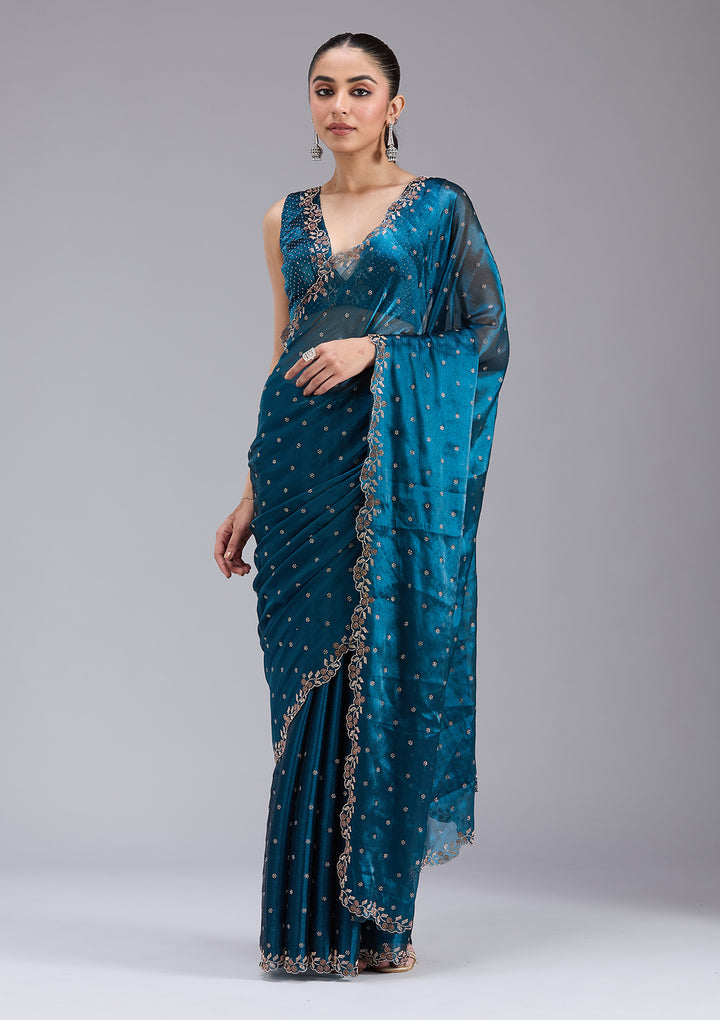 Peacock Blue Stonework (Gold) Tissue Saree